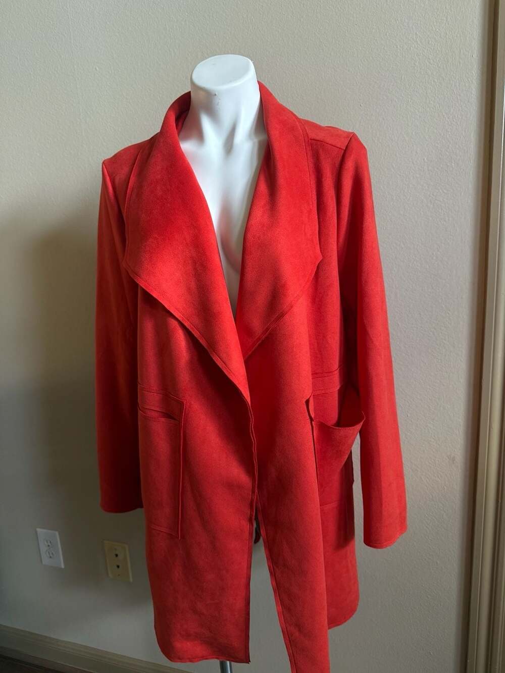 NEW June & Hudson Red Faux Suede Open Front Long Jacket Coat with Pockets Size L